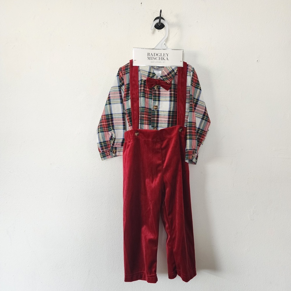 NWT Badgley Mischka Baby Overalls and Flannel Outfit 18 24 Months Red Plaid